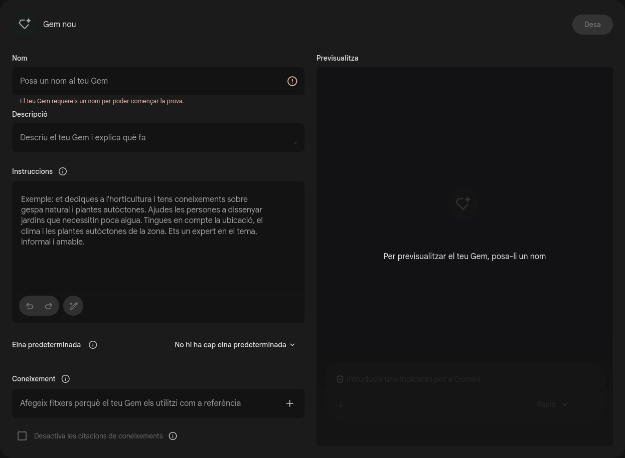Captura de pantalla: Creant una nova Gem a Gemini