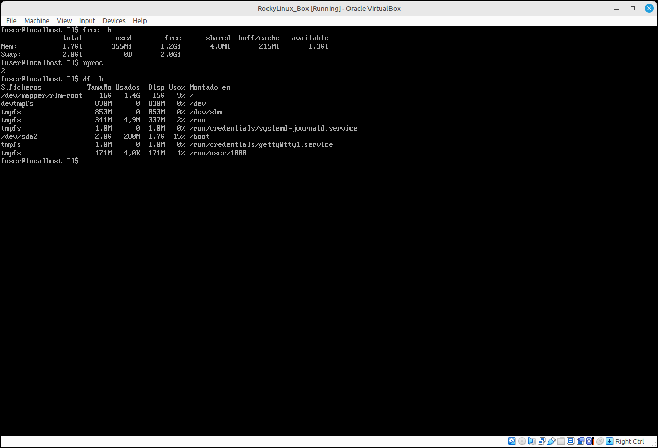 Comprovació dels recursos de Rocky Linux
