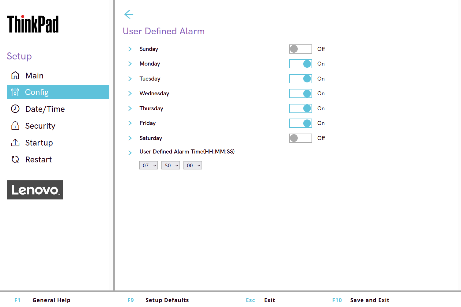Configuració dels 5 dies de la setmana i hora 07:50 a User Defined Alarm