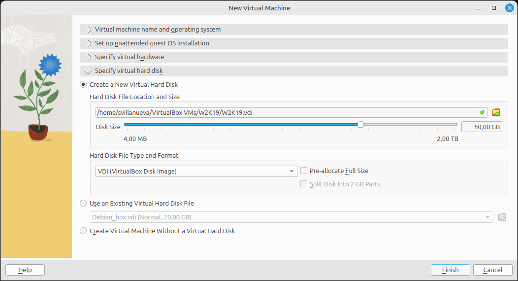 Especificació del disc dur virtual