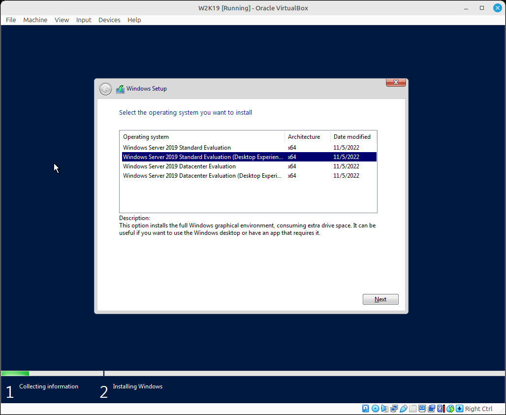 Selecció de la versió de Windows Server
